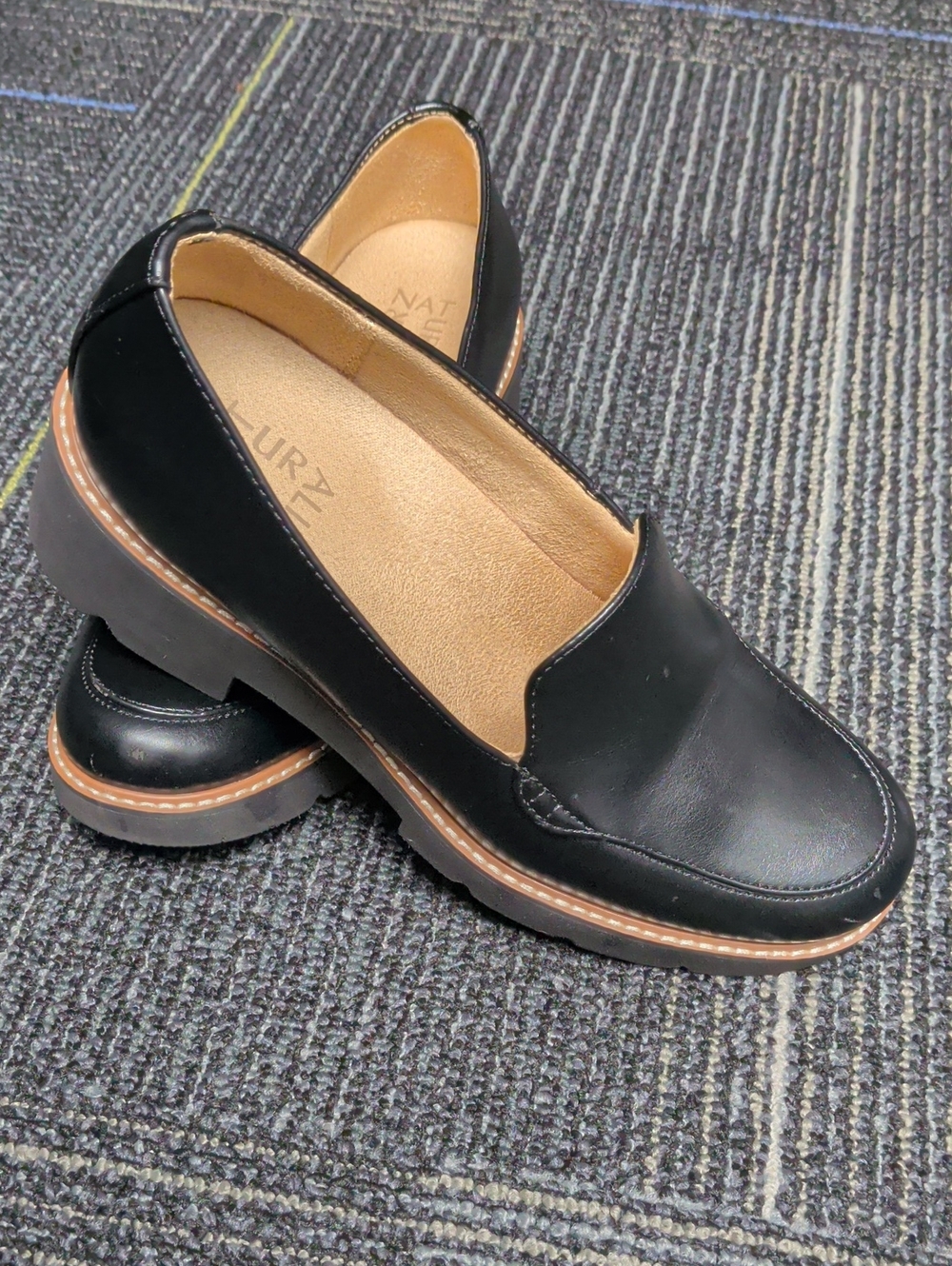 Naturalizer Black Leather Slip-On Loafers with Tan Trim